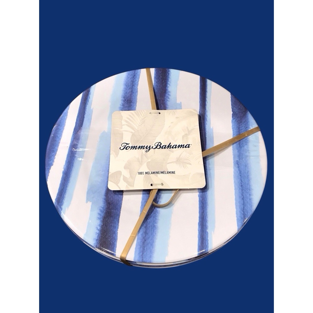 New TOMMY BAHAMA MELAMINE Salad Dinner Plate 8.5 Blue Sky White Stripes Set Of 4